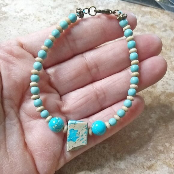 Beachy! Aqua + Sand Beaded Sea Sediment Jasper Boho SouthWestern Bracelet 6.5-7" - Picture 3 of 5